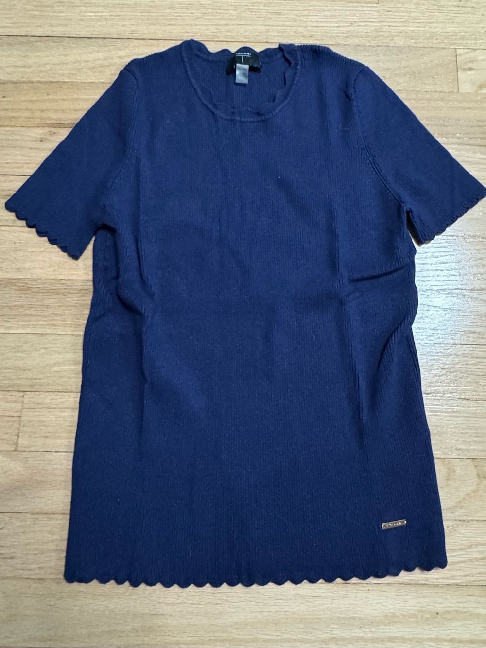 Tahari Navy Ribbed Short-Sleeve Top with Scalloped Neckline
